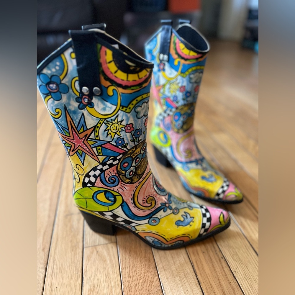 Bops by Beehive Cowboy Rubber Rain Boots Women’s Size 8 Artsy Multicolor Western - Picture 1 of 8